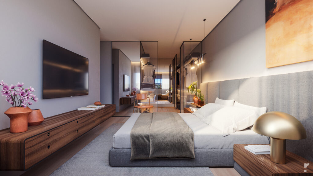 Imagem em 3D do Épico Residencial de uma suíte com closet.